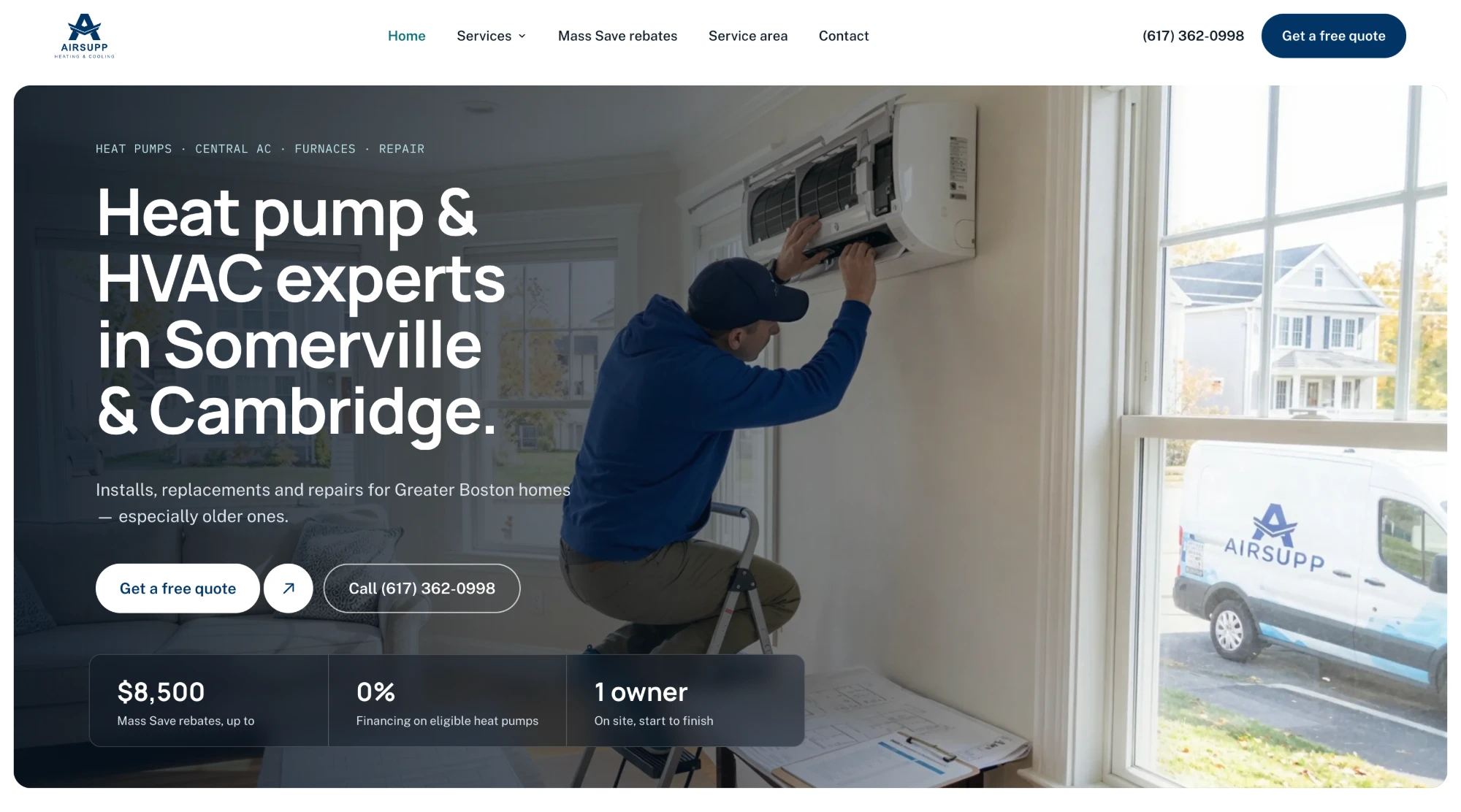 The new AirSupp homepage on Next.js: a photo of a technician servicing a heat pump, the headline “Heat pump & HVAC experts in Somerville & Cambridge” and three stat cards.