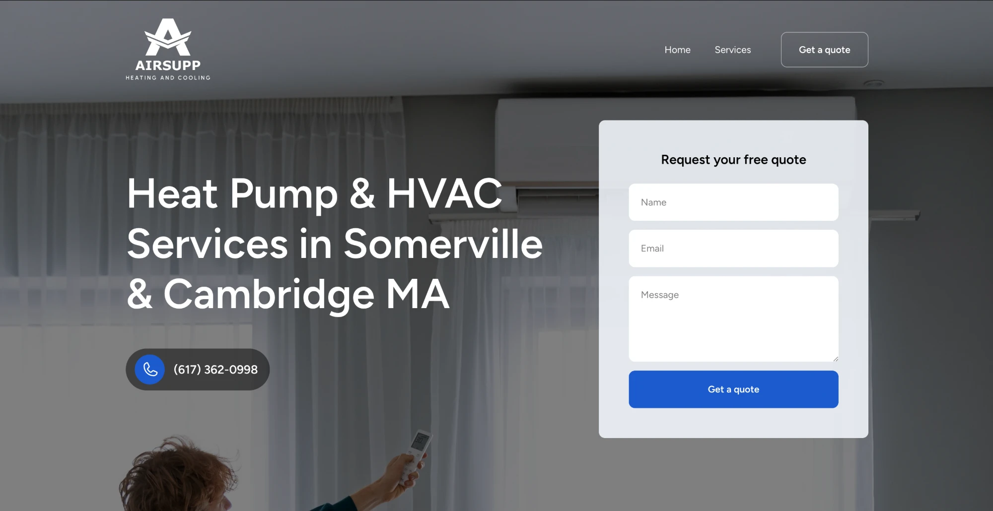 The old AirSupp homepage on Framer: a dark photo of a room with a heat pump, the headline “Heat Pump & HVAC Services in Somerville & Cambridge MA” and a quote request form.