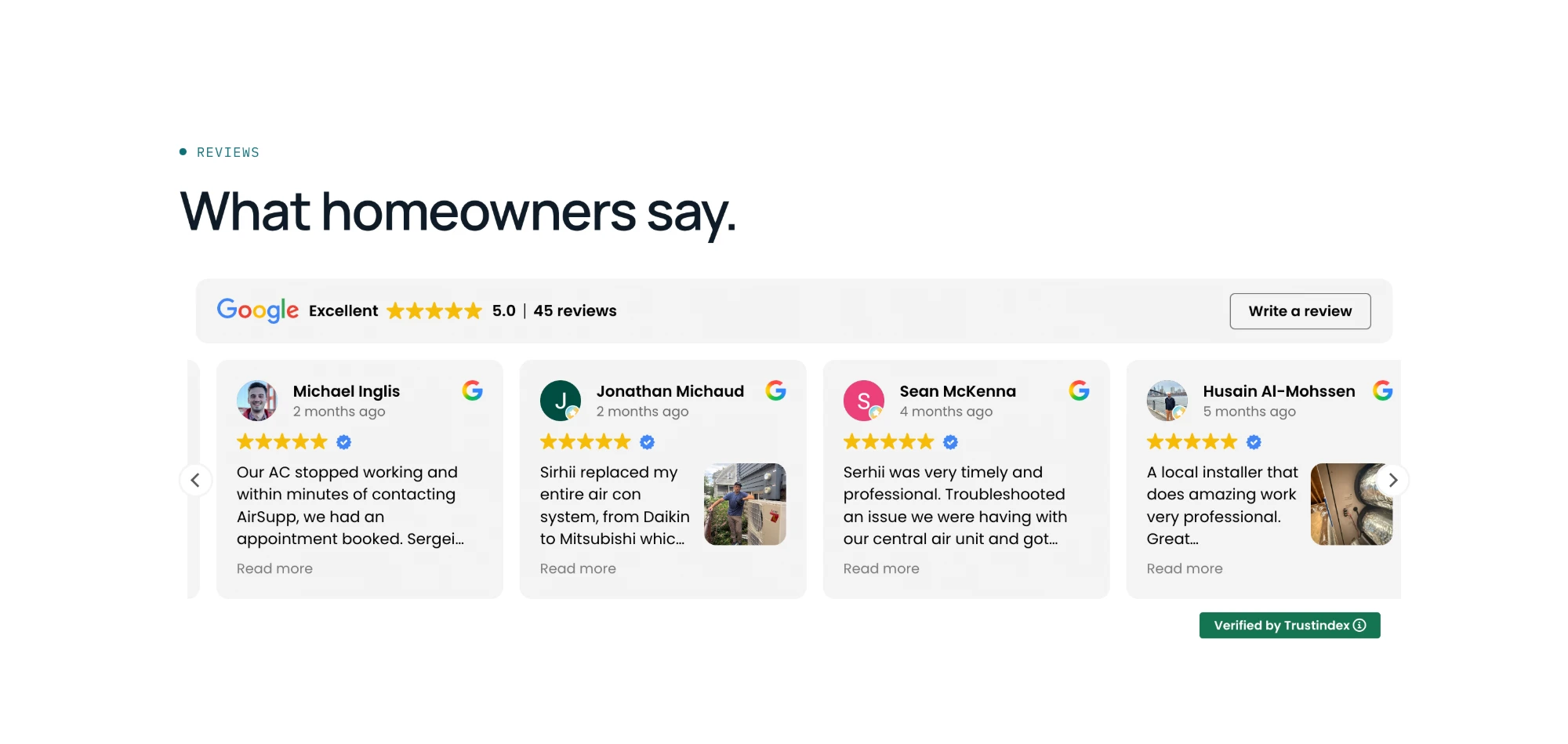 The reviews section: a Google rating of 5.0 from 45 reviews, with four review cards.