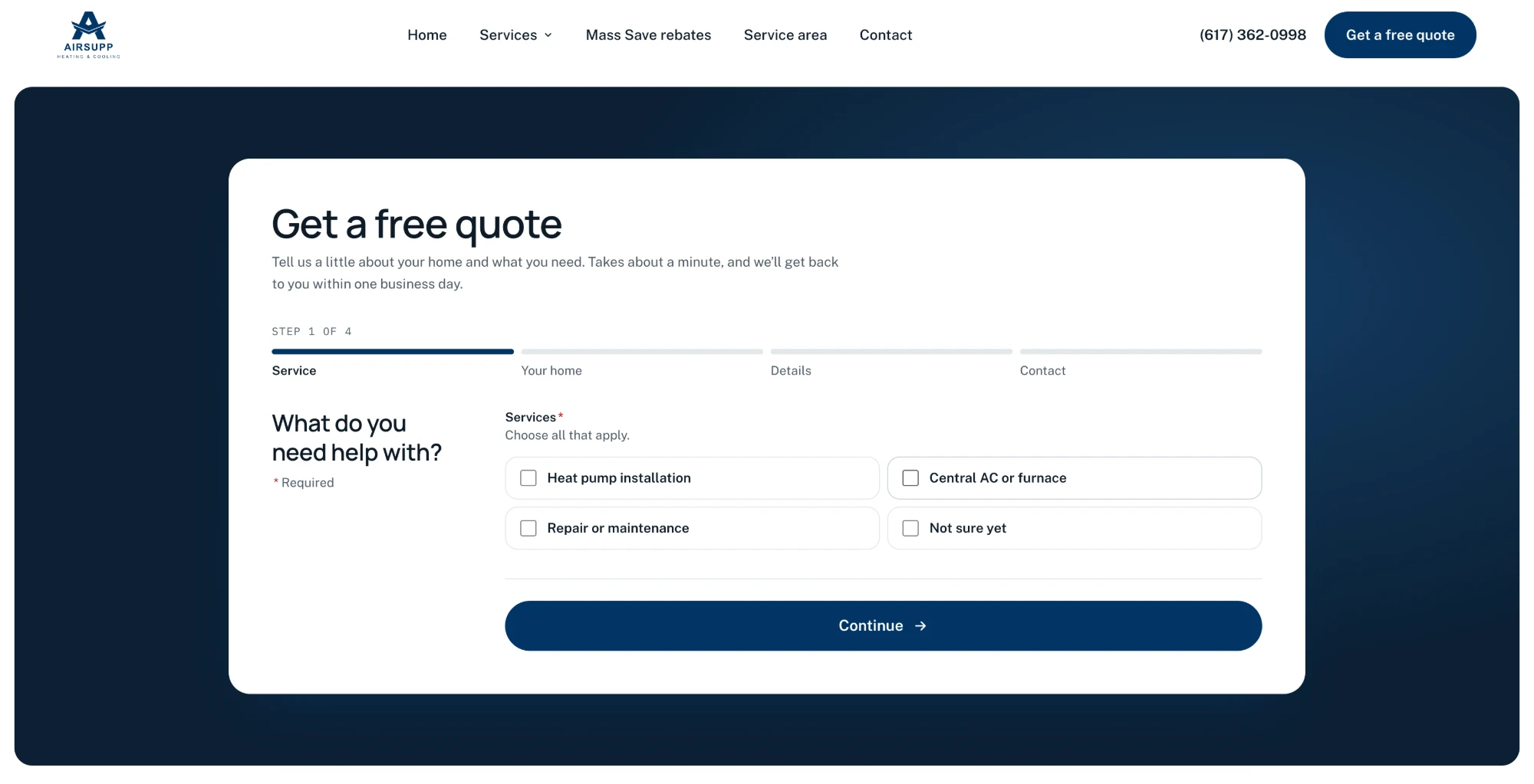 Quote form step 1 of 4, “What do you need help with?”, with service checkboxes and a progress bar.