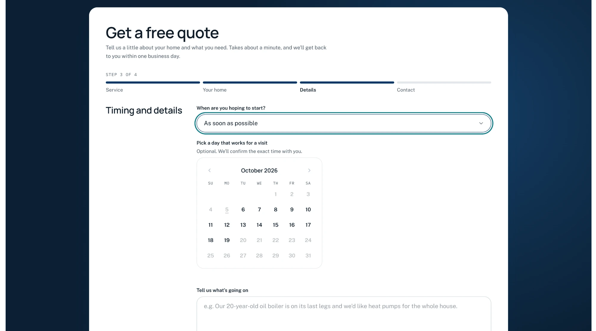 Quote form step 3 of 4, “Timing and details”, with a start-time select and a calendar.