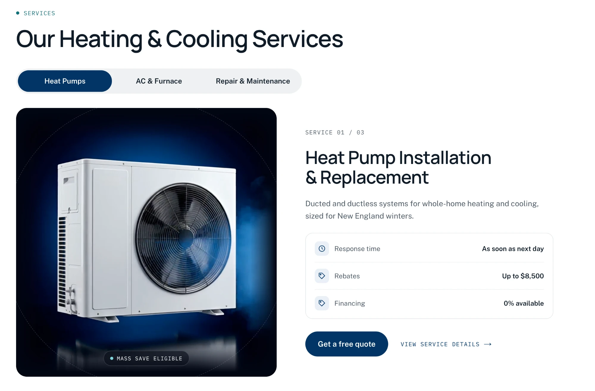 The services showcase: a tab toggle for Heat Pumps, AC & Furnace and Repair & Maintenance, with a heat pump product render and a spec card.
