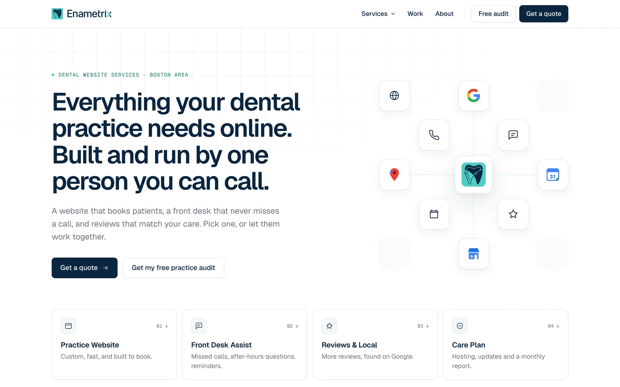 The new Services page: “Everything your dental practice needs online. Built and run by one person you can call.” above four service cards: Practice Website, Front Desk Assist, Reviews & Local and Care Plan.