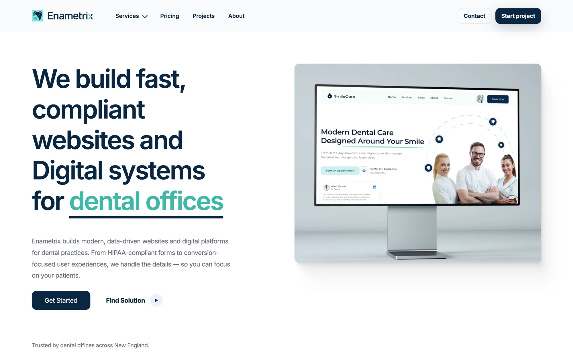The Webflow v1 homepage: the headline “We build fast, compliant websites and Digital systems for dental offices” beside a monitor showing a sample dental site.