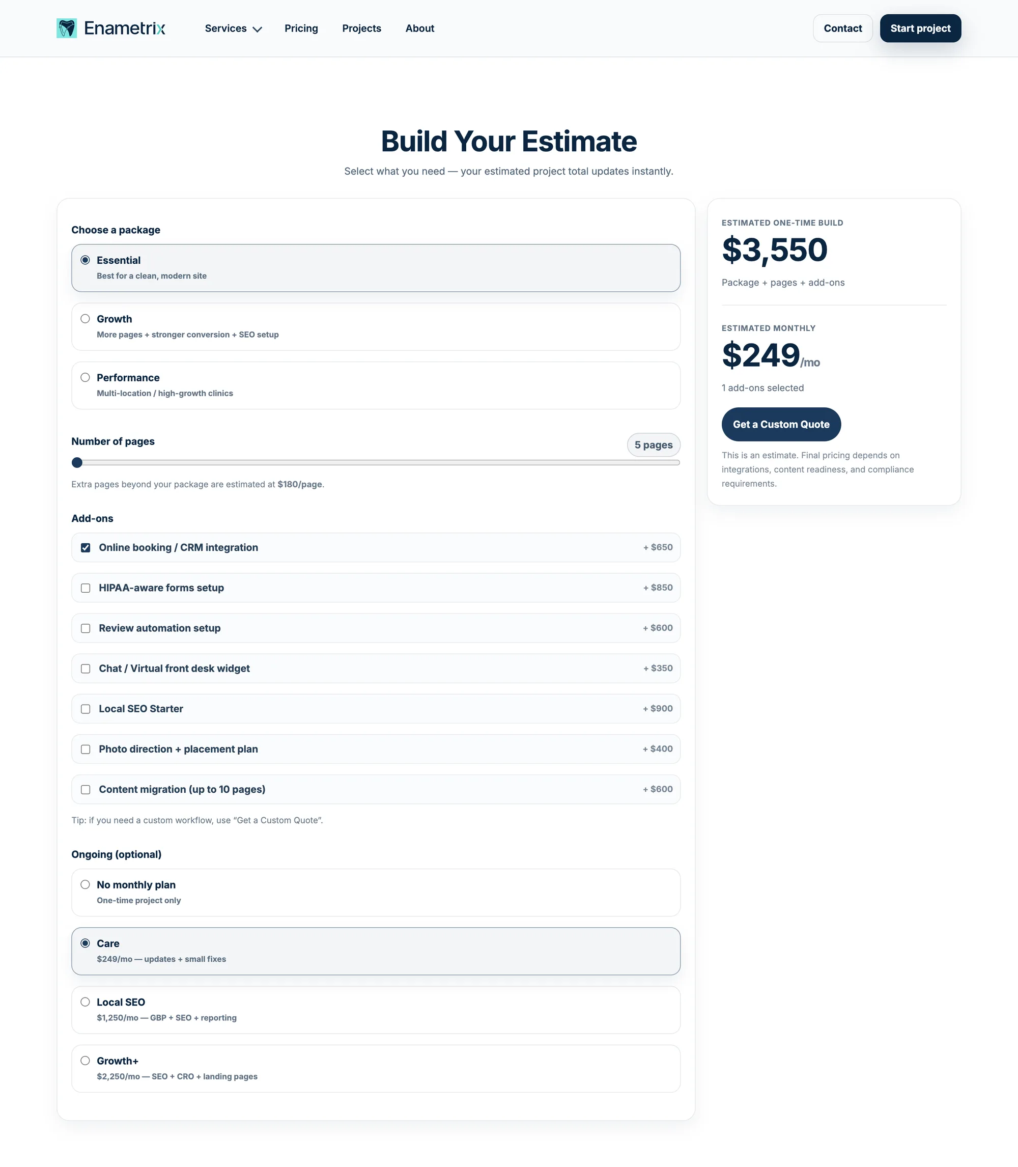 The v1 “Build Your Estimate” page: three packages, a page-count slider, seven add-ons and three monthly plans plus a no-plan option, with a running estimate of $3,550 and $249 a month.