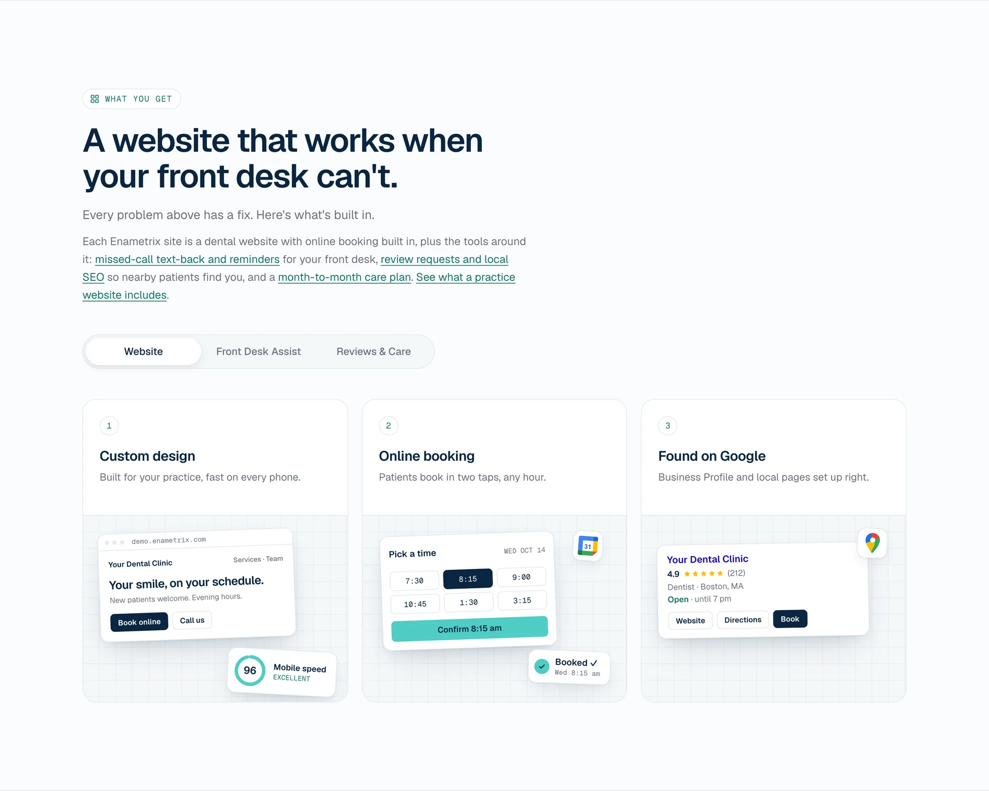“A website that works when your front desk can’t.” with tabs for Website, Front Desk Assist and Reviews & Care, above three cards with small UI previews: custom design, online booking and found on Google.