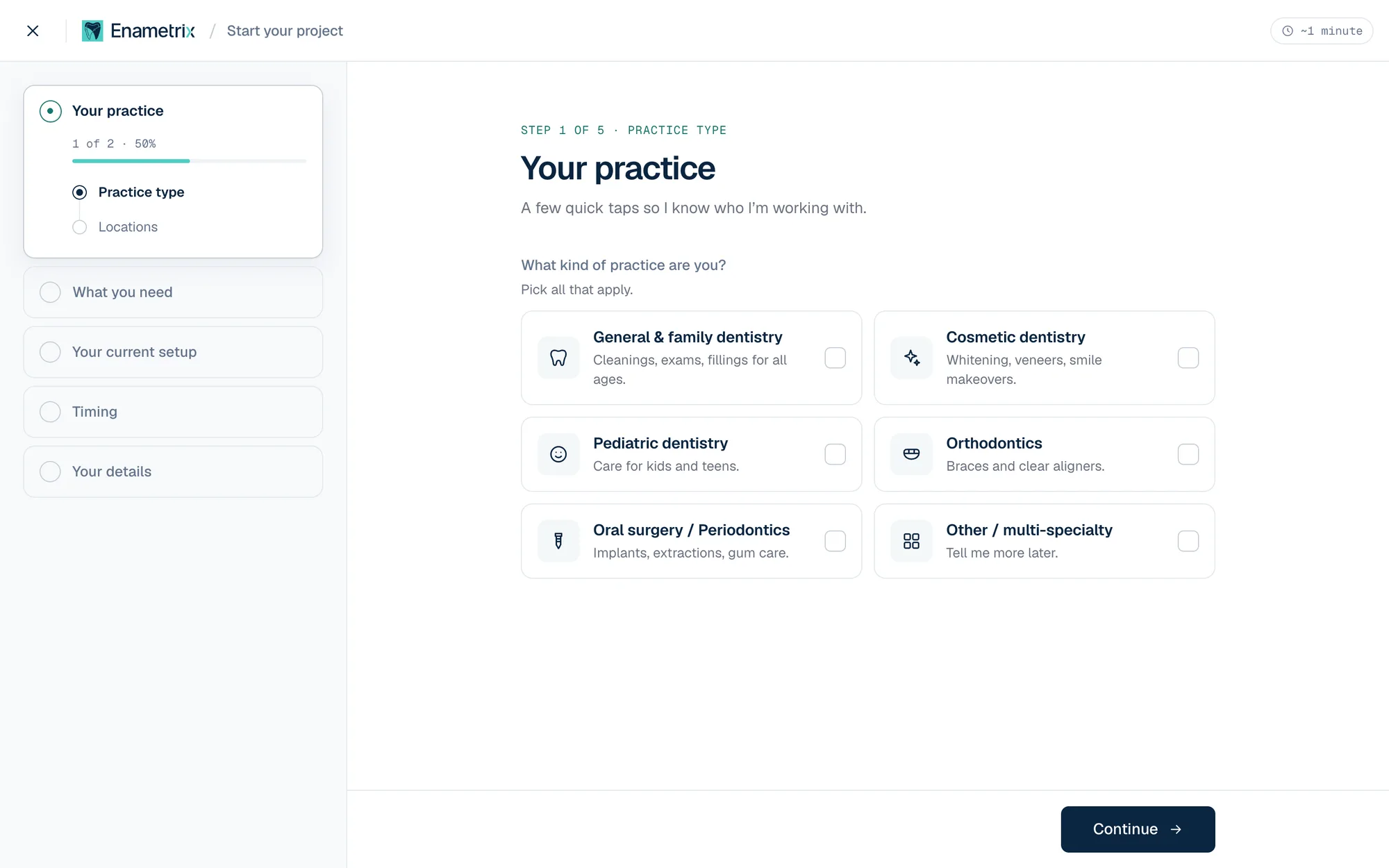 Step 1 of 5 of the “Start your project” flow: a sidebar stepper on the left and selectable practice-type cards such as general and family dentistry, pediatric dentistry and orthodontics.
