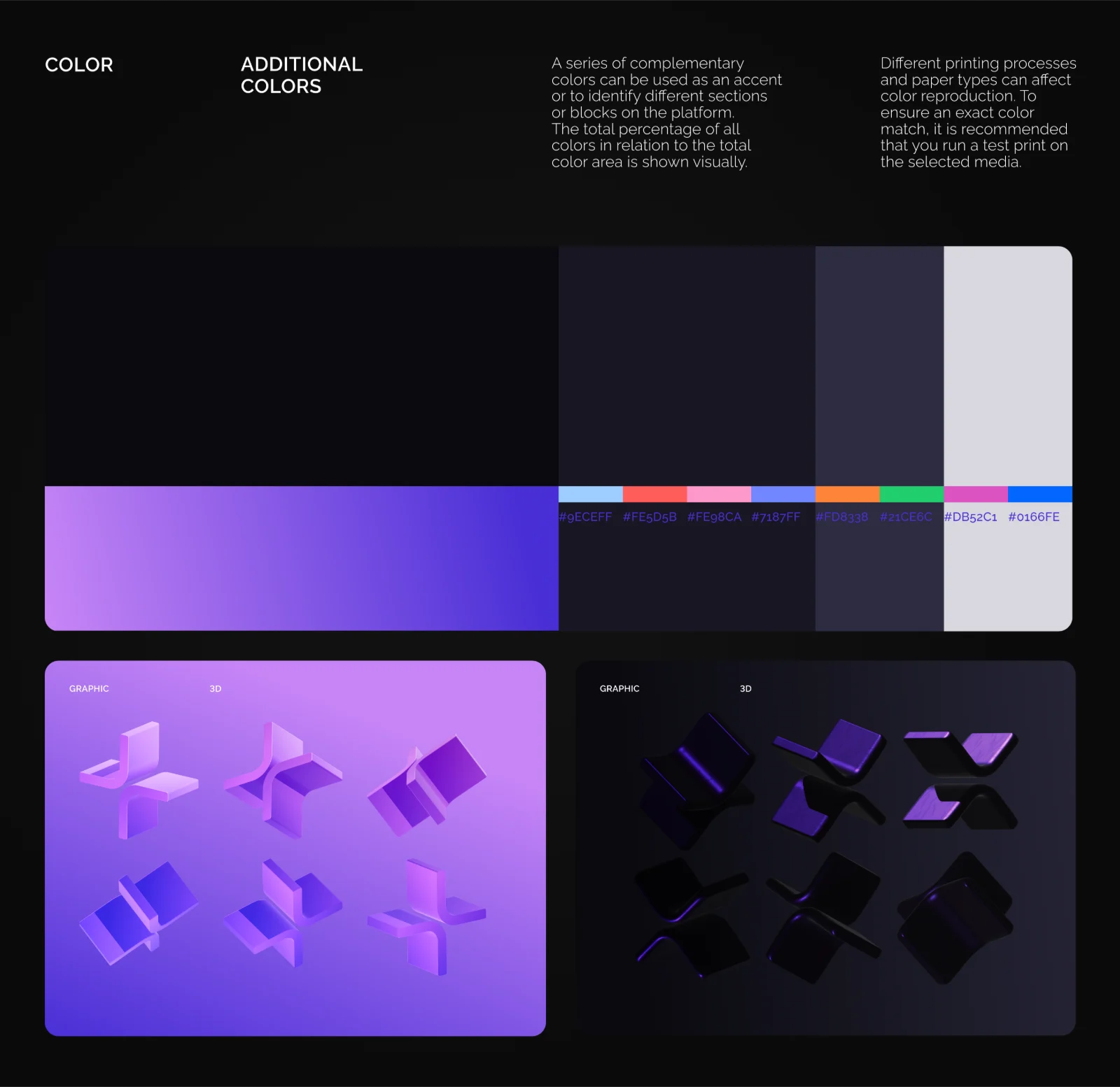 The Nexen color board: a violet-to-indigo gradient, dark neutrals and a strip of accent colors, above purple 3D X shapes on light and dark backgrounds.