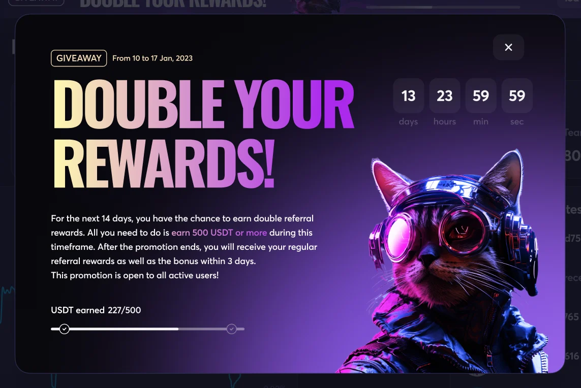 A “Double your rewards!” giveaway modal with a countdown, a USDT progress bar of 227 of 500, and a cyborg cat illustration.