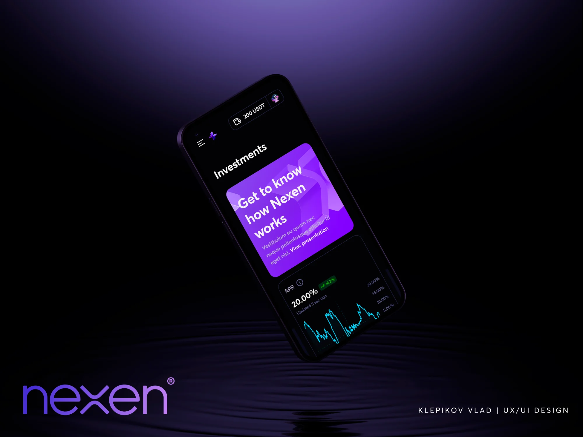 A phone floating over dark water, showing the Nexen Investments screen with a “Get to know how Nexen works” card and an APR chart at 20%.