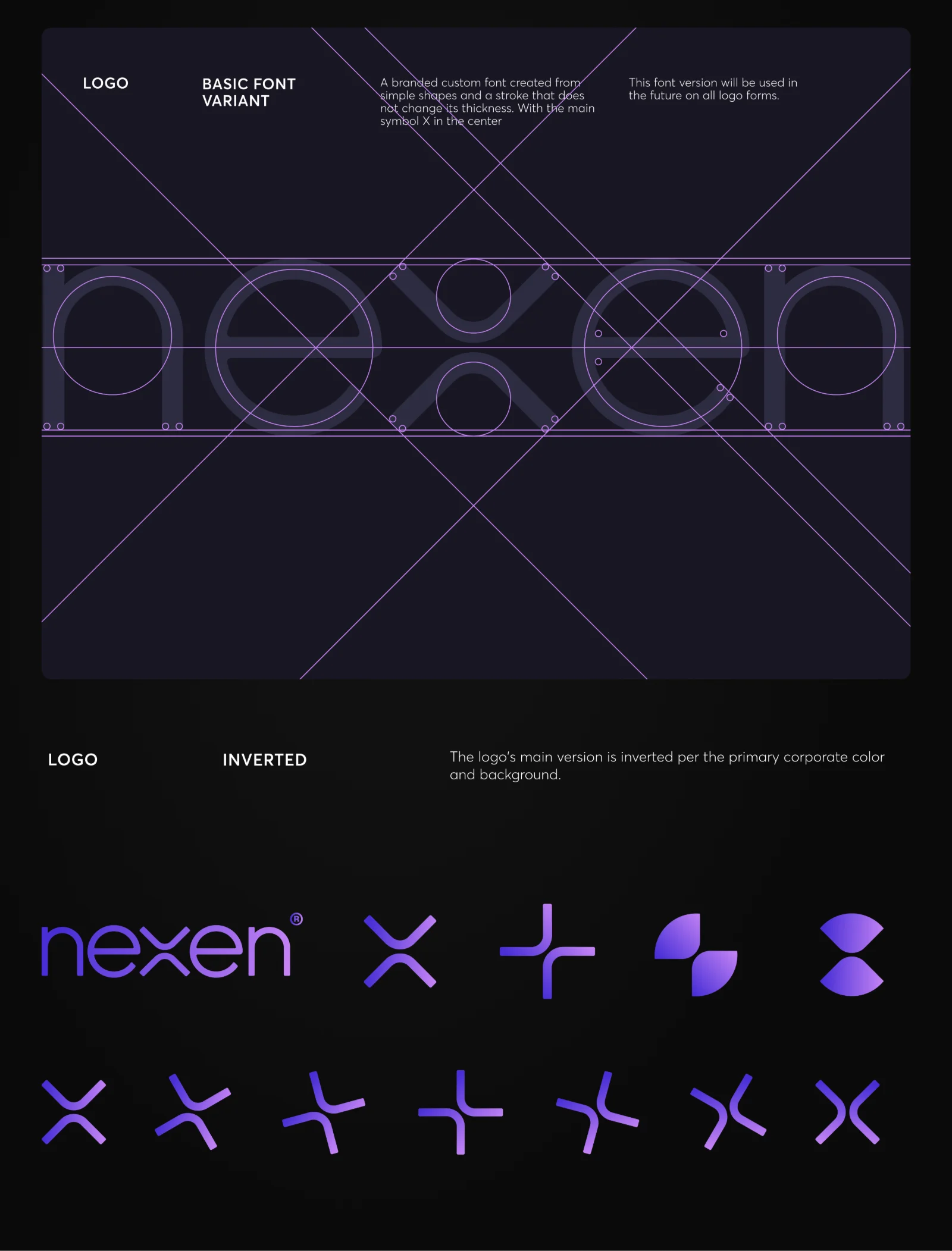 The Nexen wordmark on a construction grid of circles and diagonals, above the purple gradient logo and a row of X-based symbol variations.