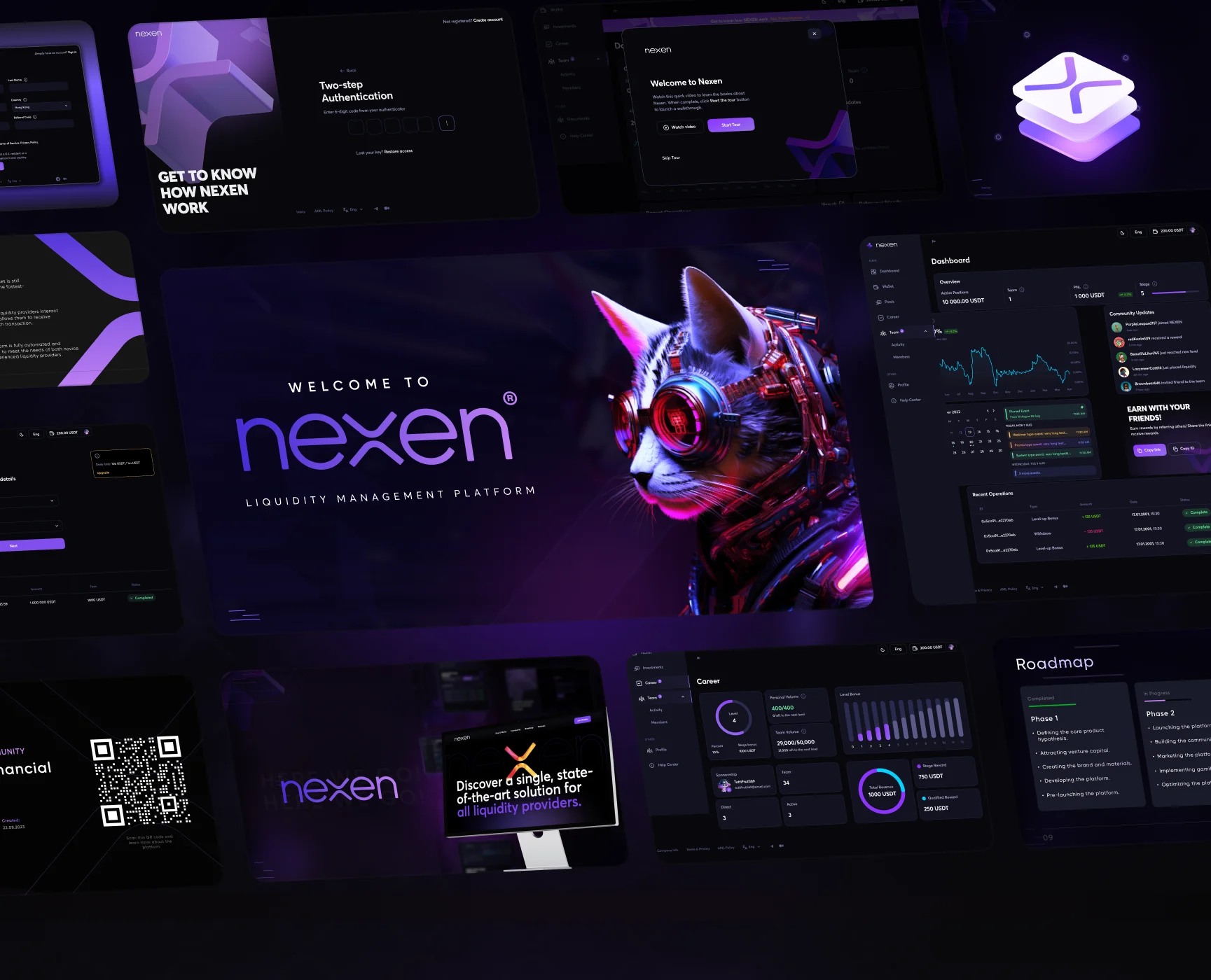 A collage of Nexen screens around a “Welcome to Nexen, liquidity management platform” title card with a cyborg cat: two-step authentication, an onboarding welcome modal, the dashboard, the career page, a roadmap and a QR code card.