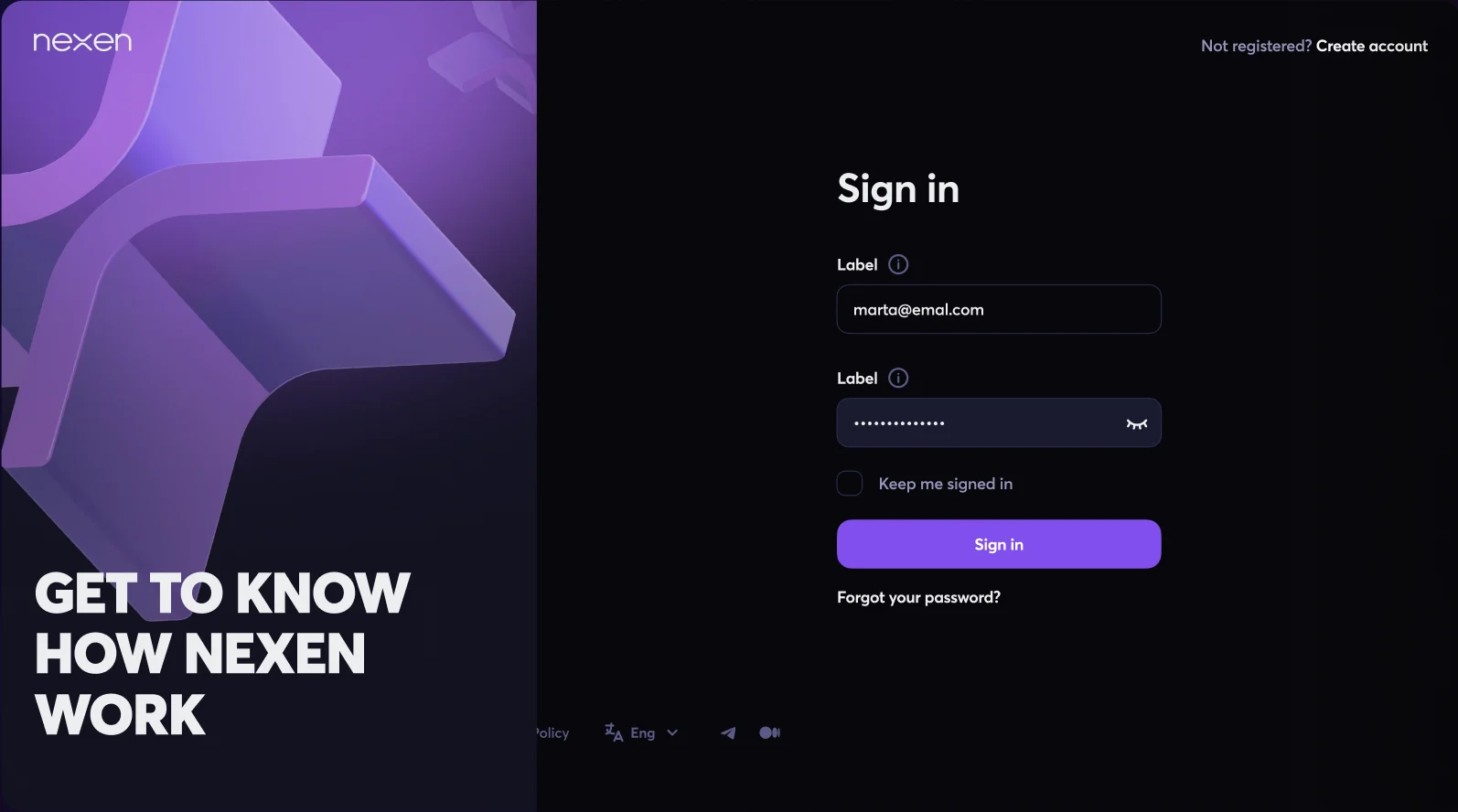 The sign-in screen: a purple 3D illustration with “Get to know how Nexen work” beside the email and password form.