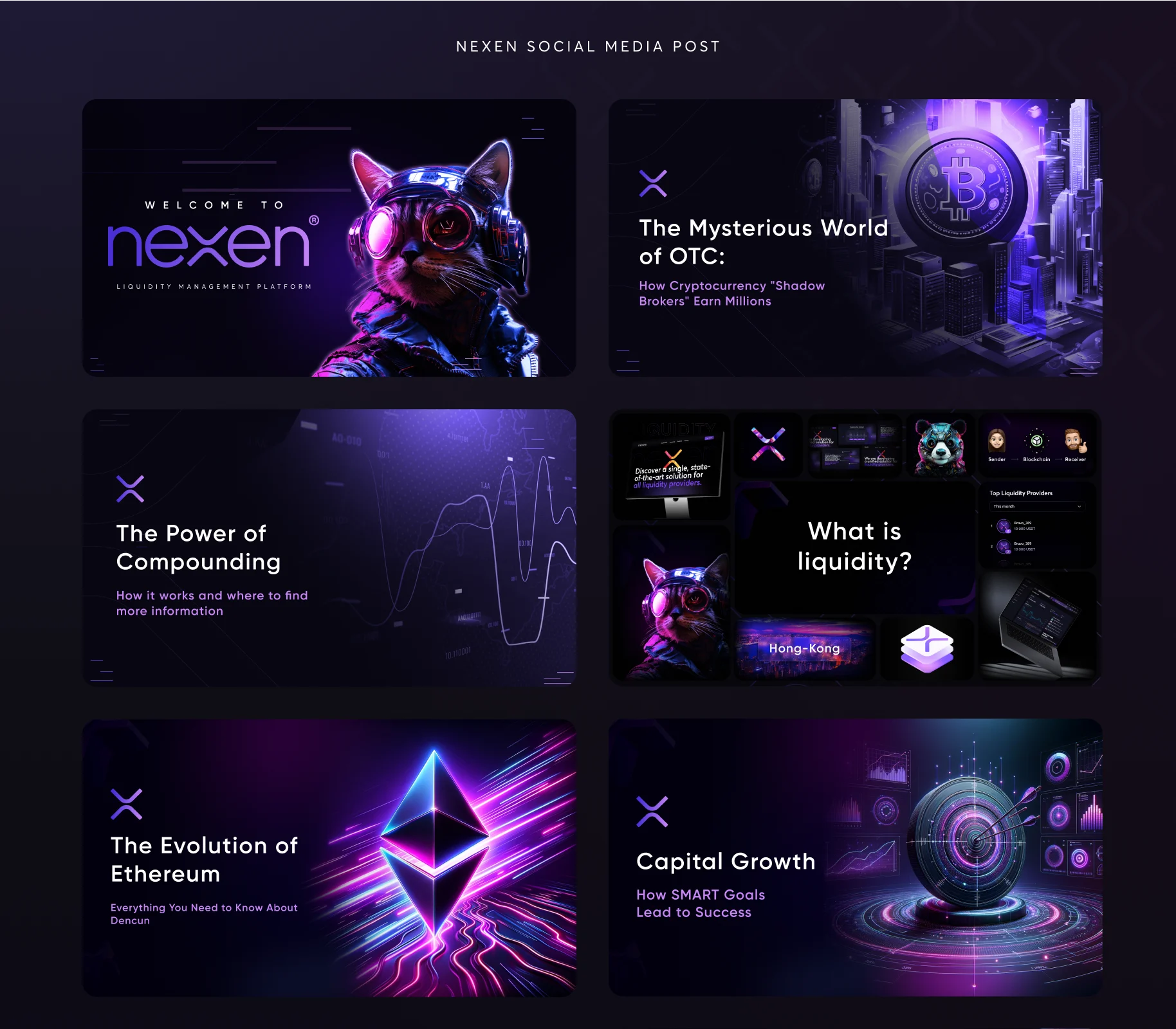 A grid of six Nexen social posts: “Welcome to Nexen,” “The Mysterious World of OTC,” “The Power of Compounding,” “What is Liquidity?,” “The Evolution of Ethereum” and “Capital Growth,” each with purple 3D artwork.