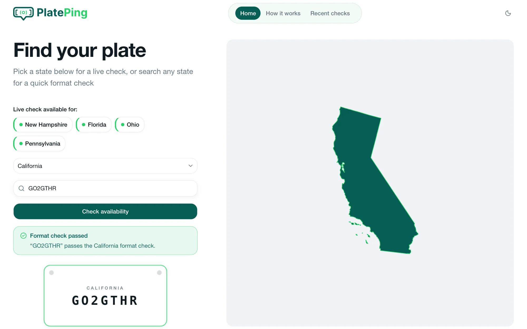 A California check for “GO2GTHR” showing “Format check passed” with a plate preview and the map zoomed on California.