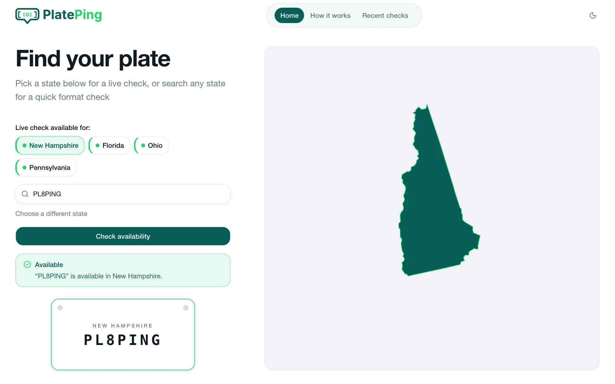 PlatePing with New Hampshire selected: the plate “PL8PING” returns “Available” from a live check, a plate preview below, and the map zoomed in on New Hampshire.