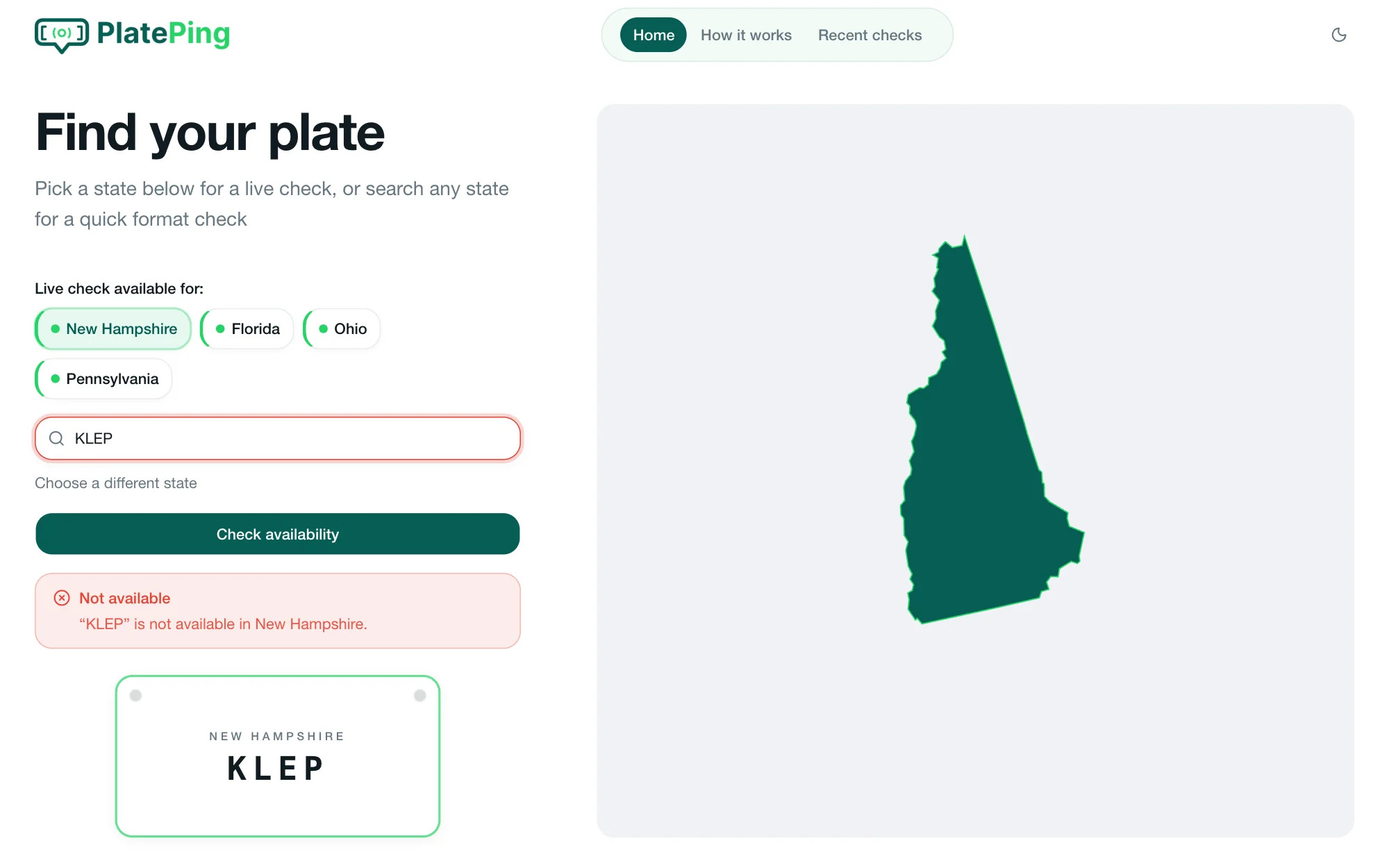 A live New Hampshire check for “KLEP” showing “Not available” in red, with the plate preview and the map zoomed on New Hampshire.