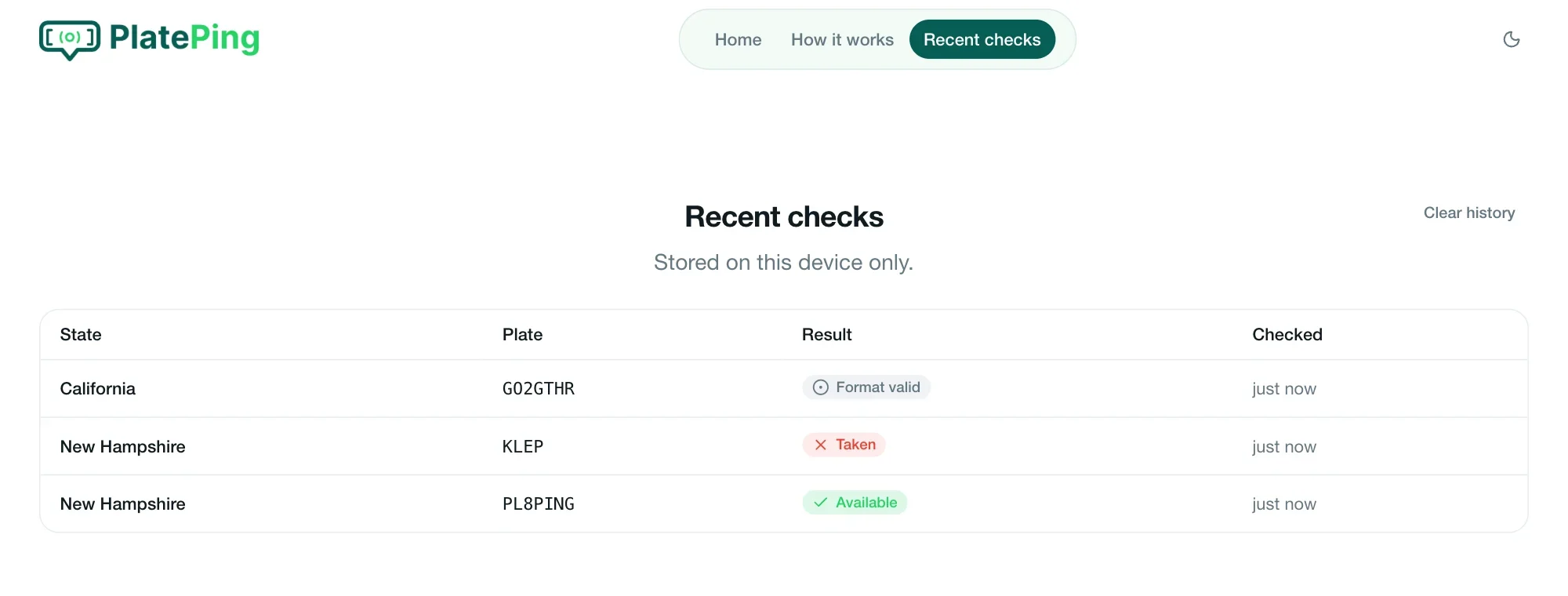 The Recent checks table: California GO2GTHR “Format valid,” New Hampshire KLEP “Taken” and New Hampshire PL8PING “Available,” each checked just now.