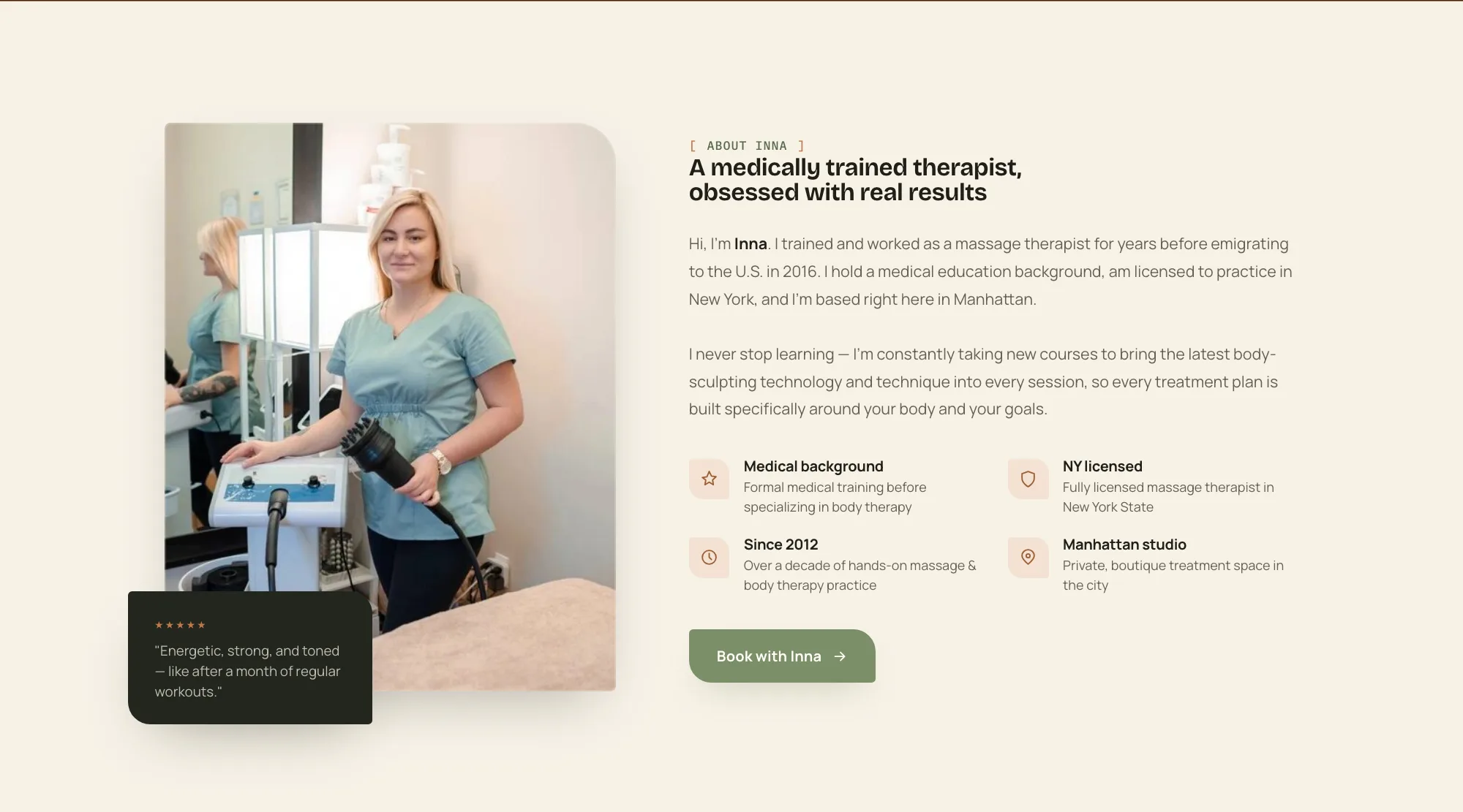 The About Inna section: a photo of the therapist in her studio with a five-star client quote, beside her story and four credentials: medical background, NY licensed, since 2012 and Manhattan studio.