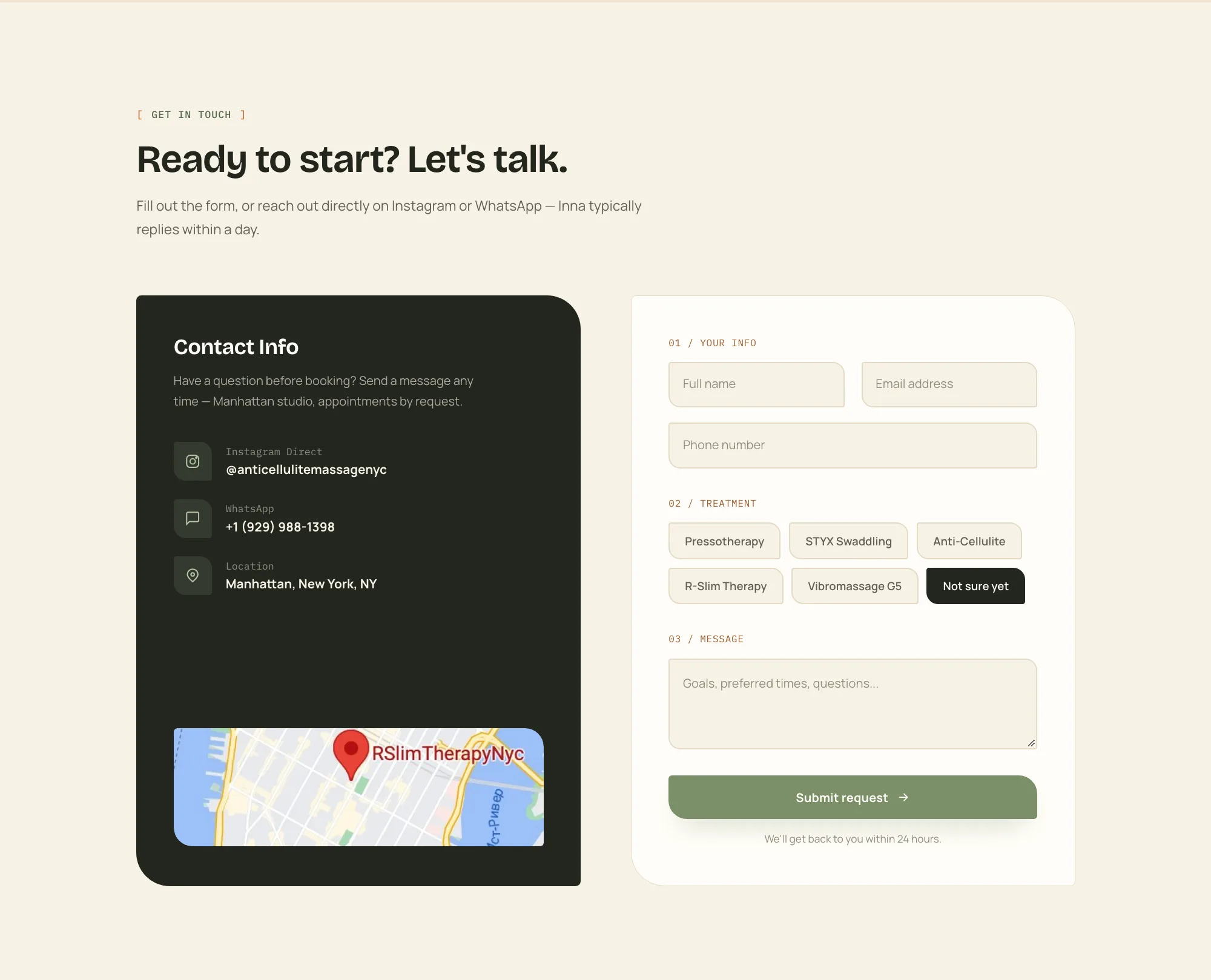 The contact section: a dark card with Instagram, WhatsApp, location and a map, beside a three-step form with name, email, phone, treatment chips and a message field.