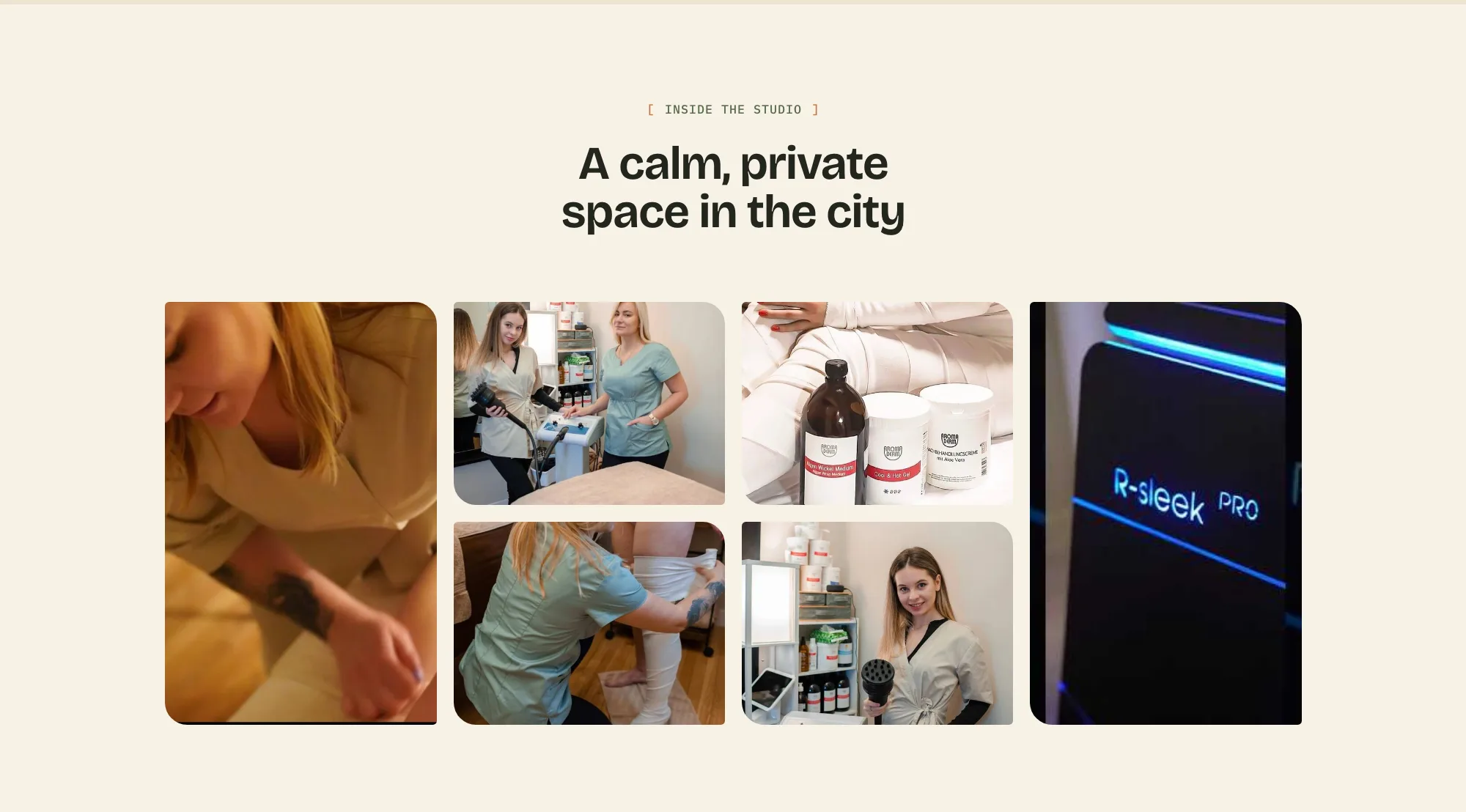 A photo gallery titled “A calm, private space in the city” showing treatments, products, the team and an R-Sleek Pro device.