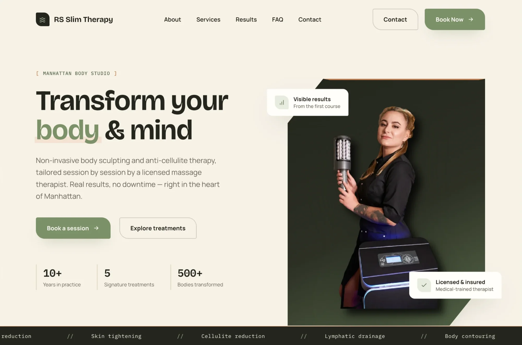 The RS Slim Therapy homepage: the headline “Transform your body & mind” with Book a session and Explore treatments buttons, stats for years in practice, treatments and clients, and the therapist holding a vibromassage device.