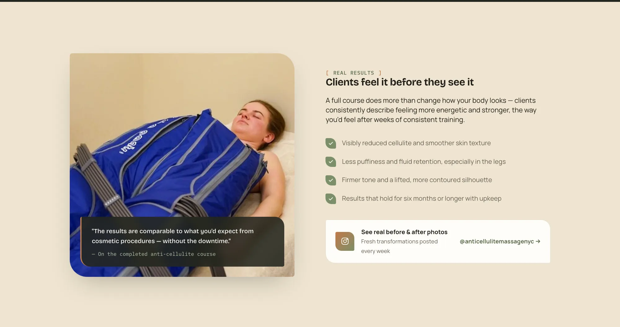 The results section: a pressotherapy session photo with a client quote, beside a checklist of results and a link to before-and-after photos on Instagram.