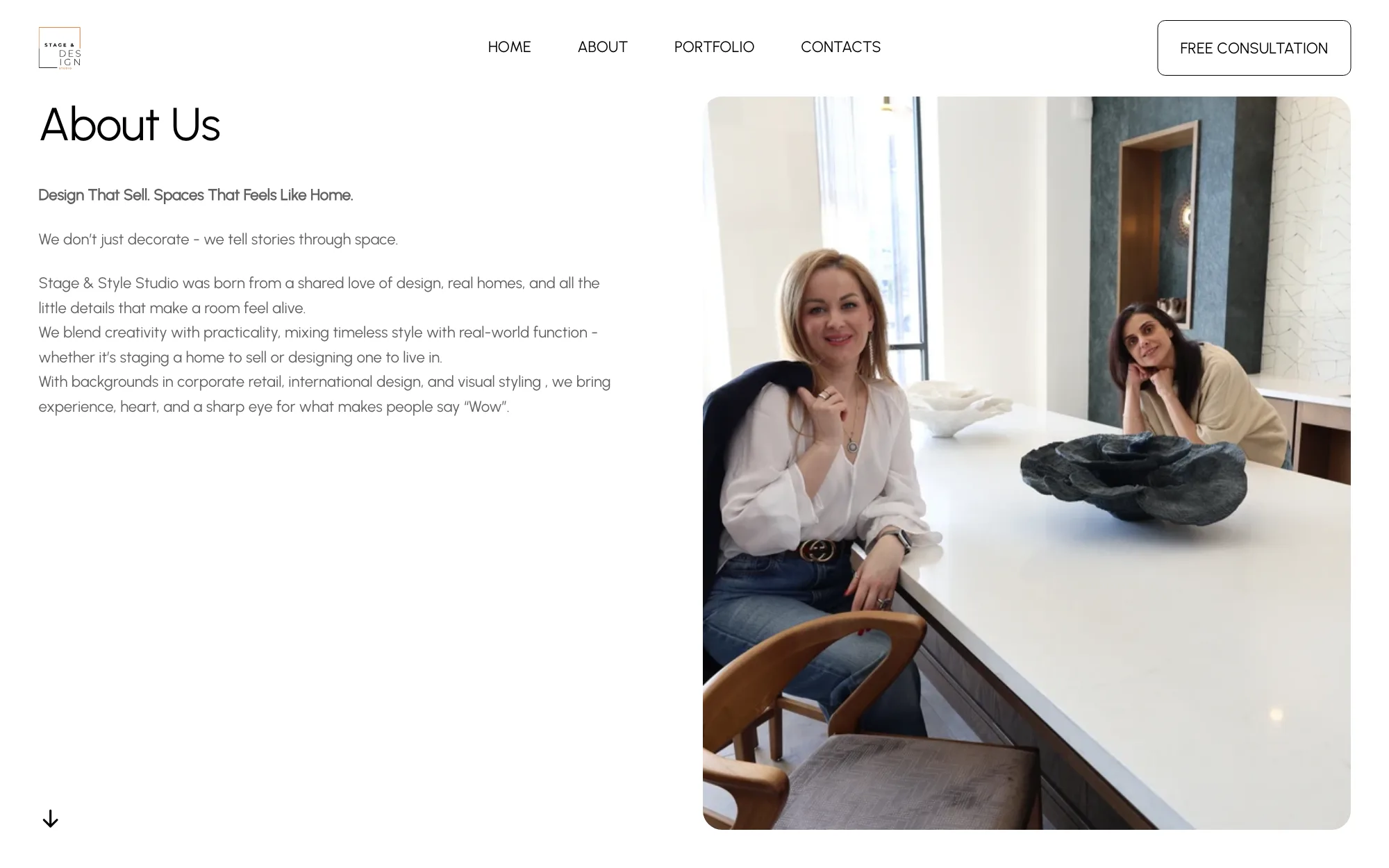 The About Us page: the studio’s story beside a photo of the two founders at a kitchen island.