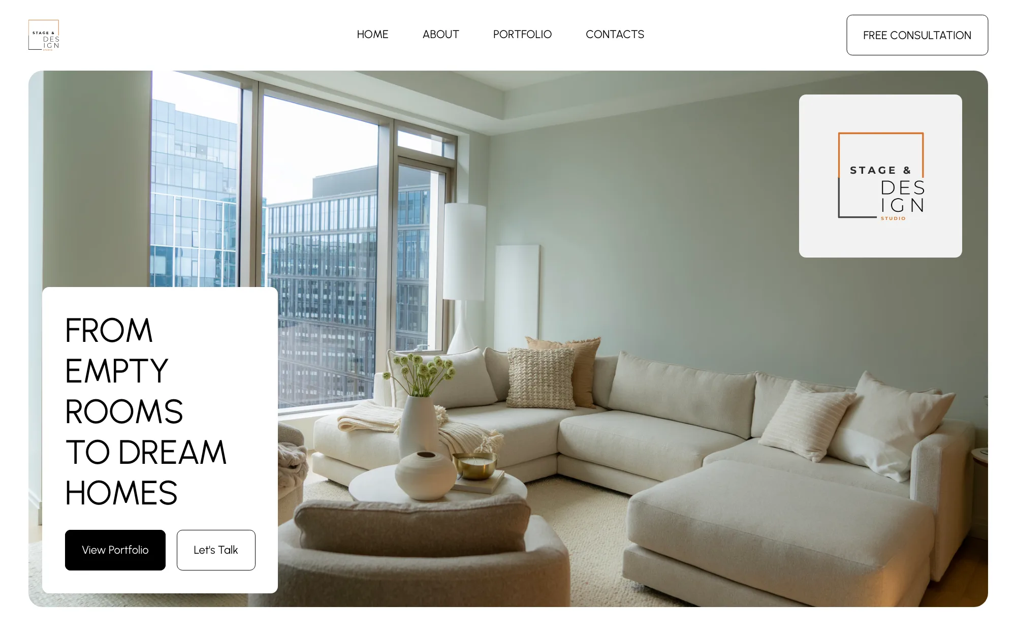 The Stage & Style Studio homepage: a bright staged living room with a cream sectional, the headline “From empty rooms to dream homes” and buttons for View Portfolio and Let’s Talk.