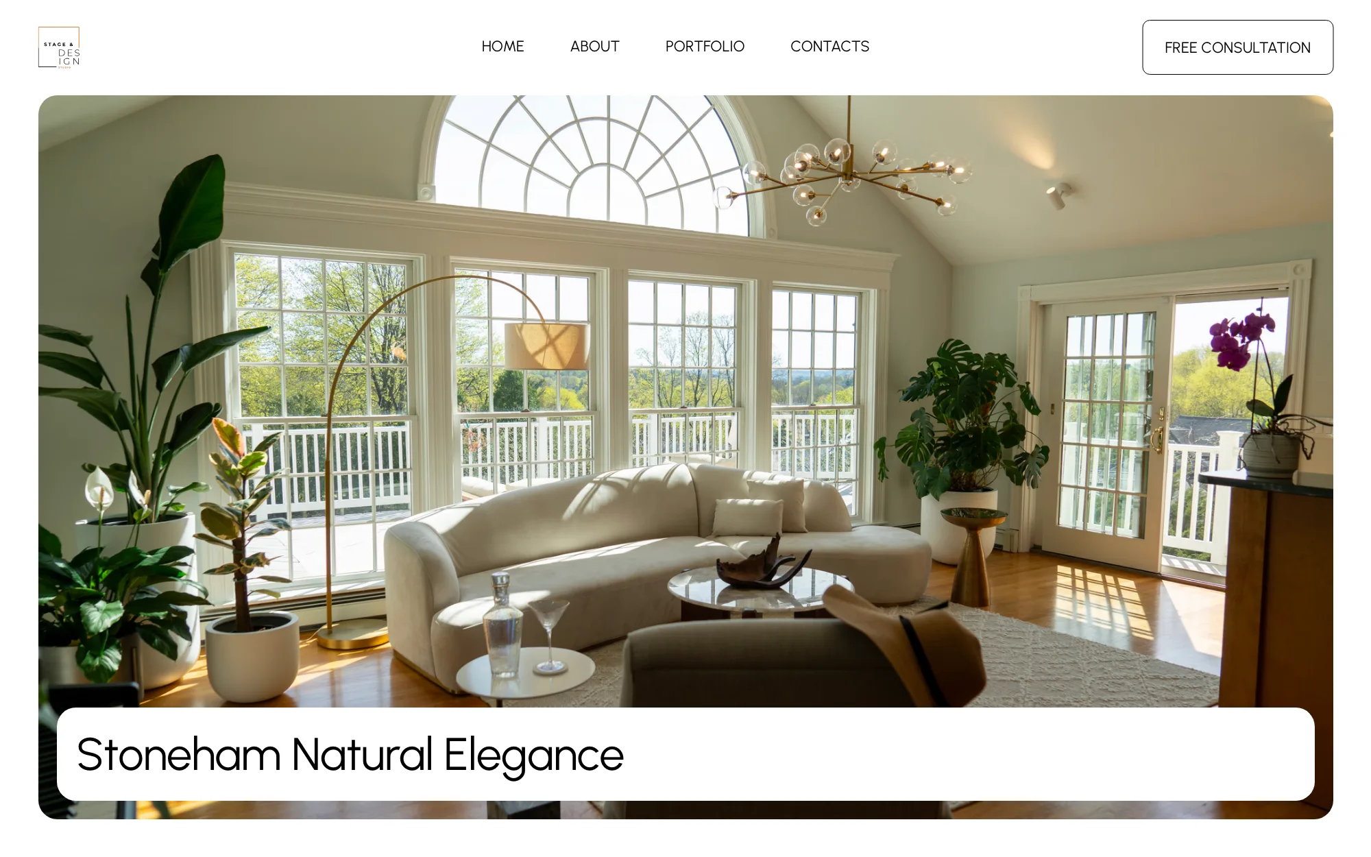 The Stoneham Natural Elegance project page: a full-width photo of a living room with a curved sofa under a large arched window.