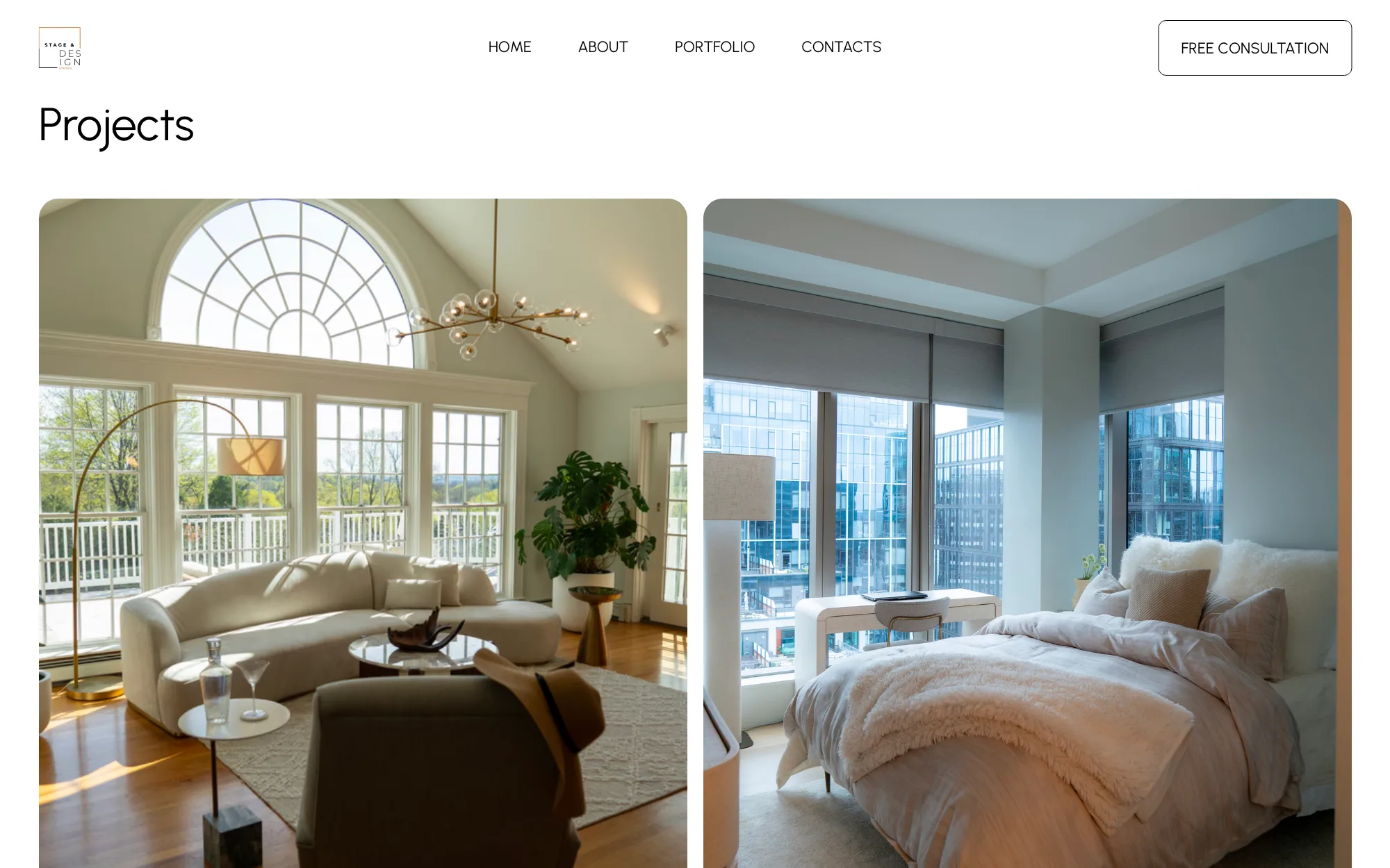 The Projects page: a grid of large photos of staged rooms, including a living room under an arched window and a bedroom with city views.